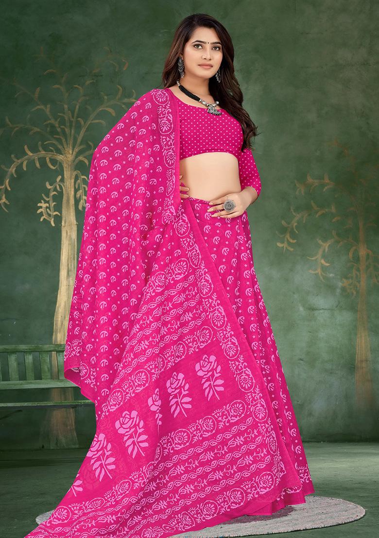 Pink Printed Cotton Saree Set