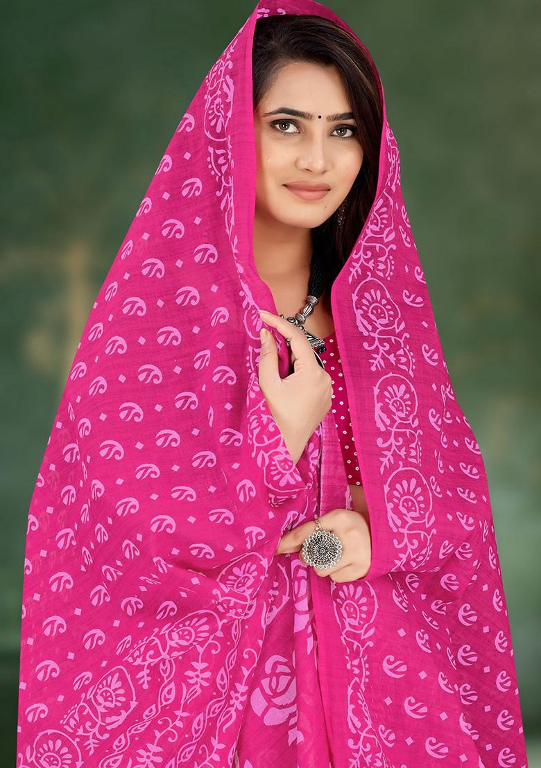 Pink Printed Cotton Saree Set