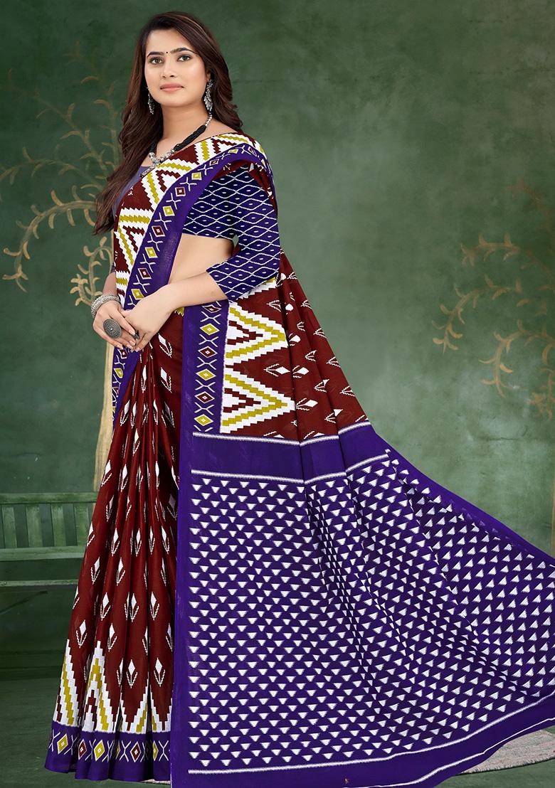 Purple Printed Cotton Saree Set