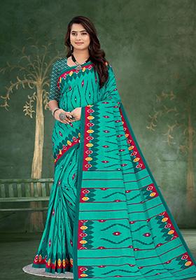 Teal Printed Cotton Saree Set
