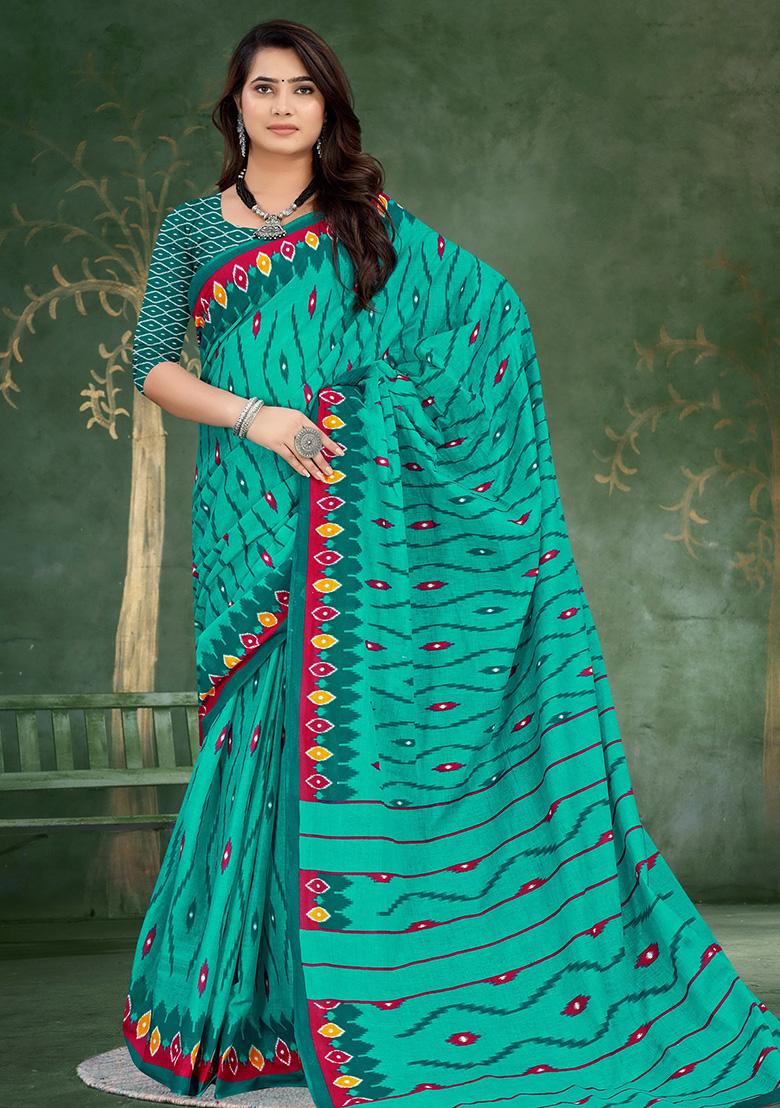 Teal Printed Cotton Saree Set
