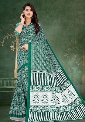 Teal Green Printed Cotton Saree Set