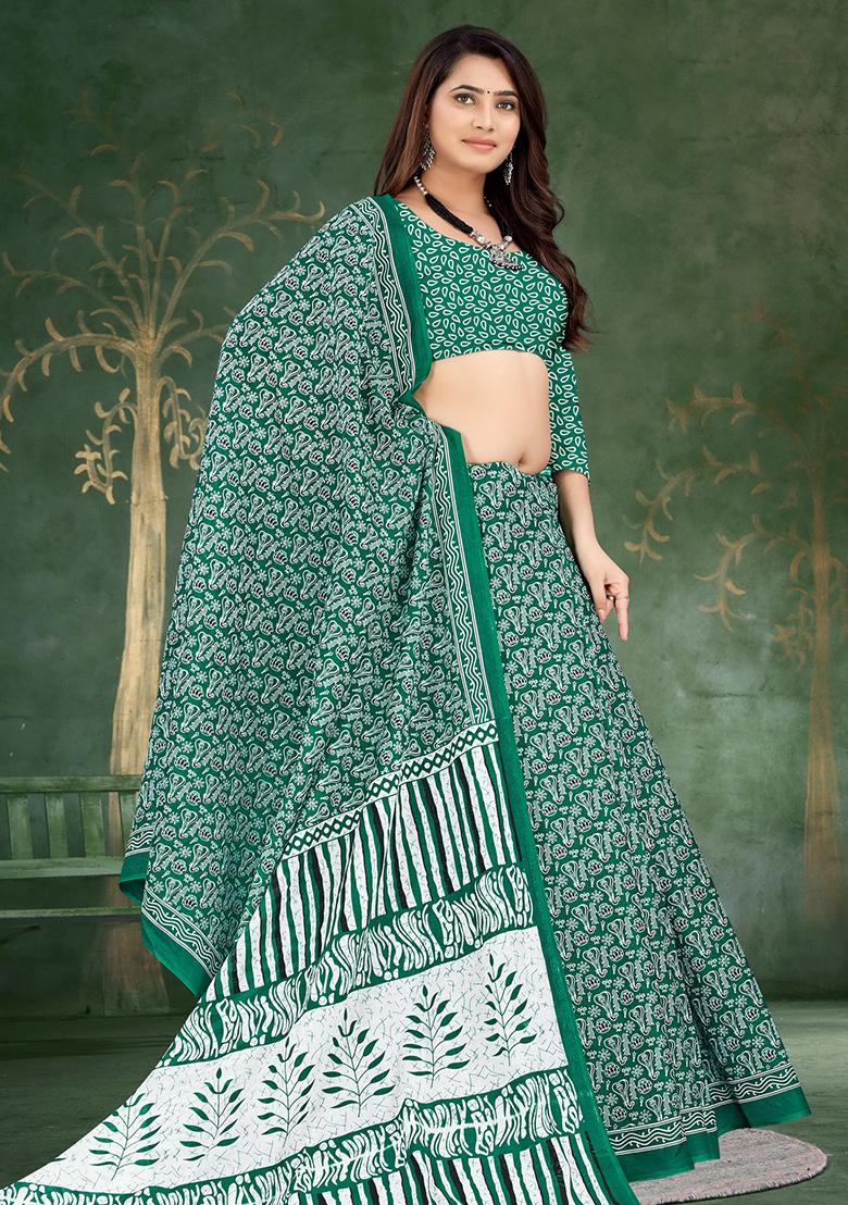 Teal Green Printed Cotton Saree Set