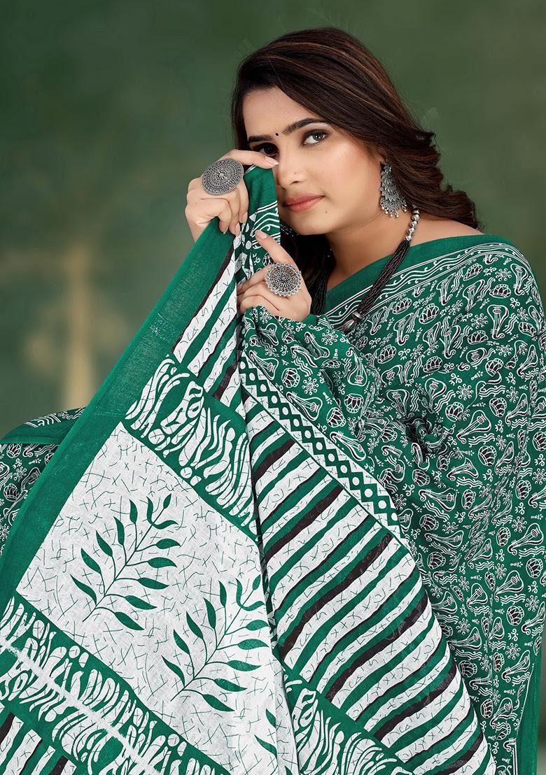 Teal Green Printed Cotton Saree Set