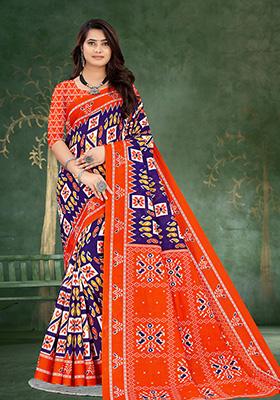 Violet Printed Cotton Saree Set