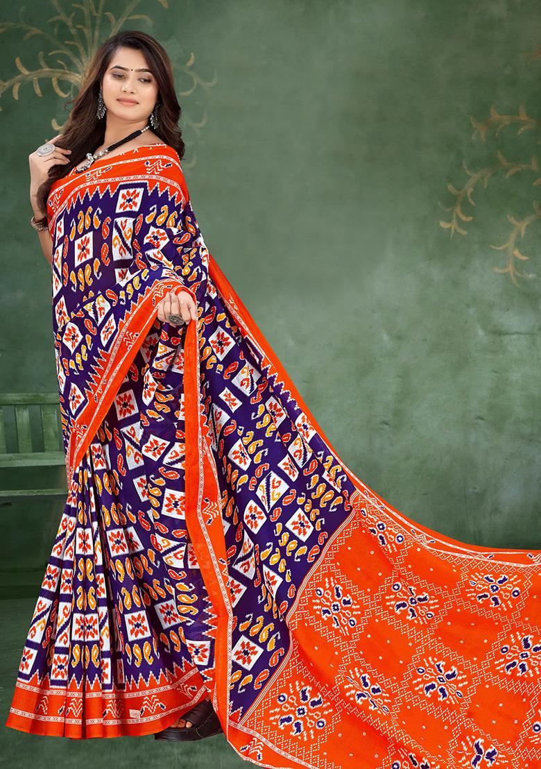 Violet Printed Cotton Saree Set