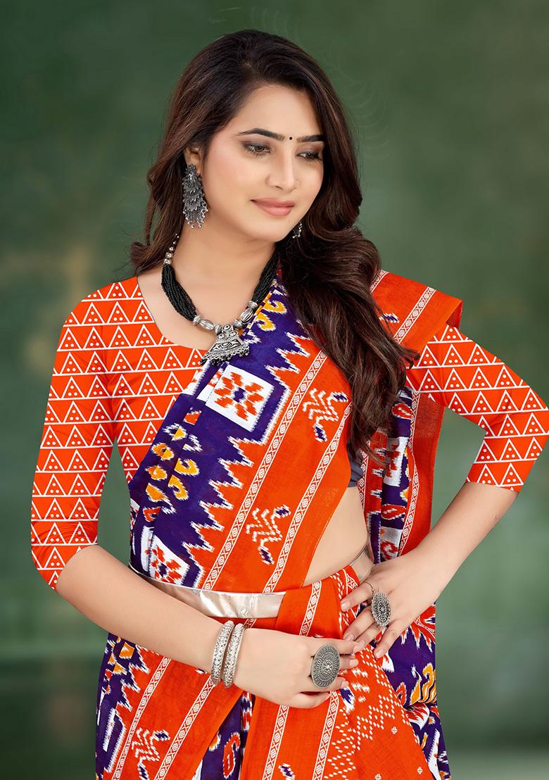 Violet Printed Cotton Saree Set