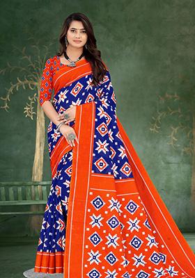 Violet Printed Cotton Saree Set