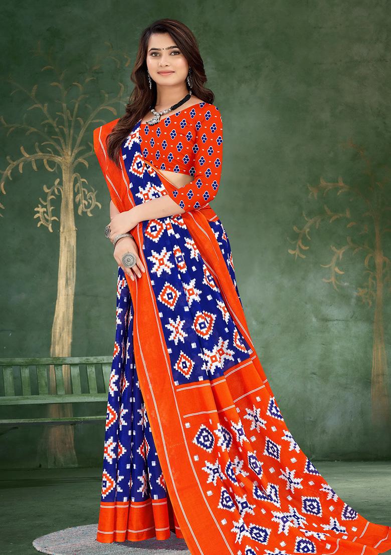 Violet Printed Cotton Saree Set