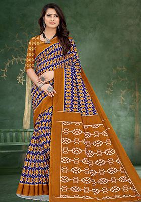 Violet Printed Cotton Saree Set