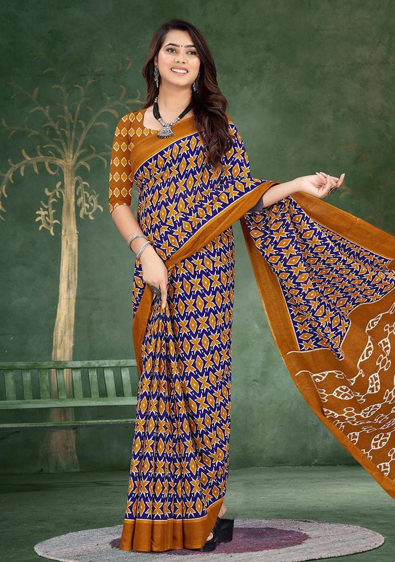 Violet Printed Cotton Saree Set
