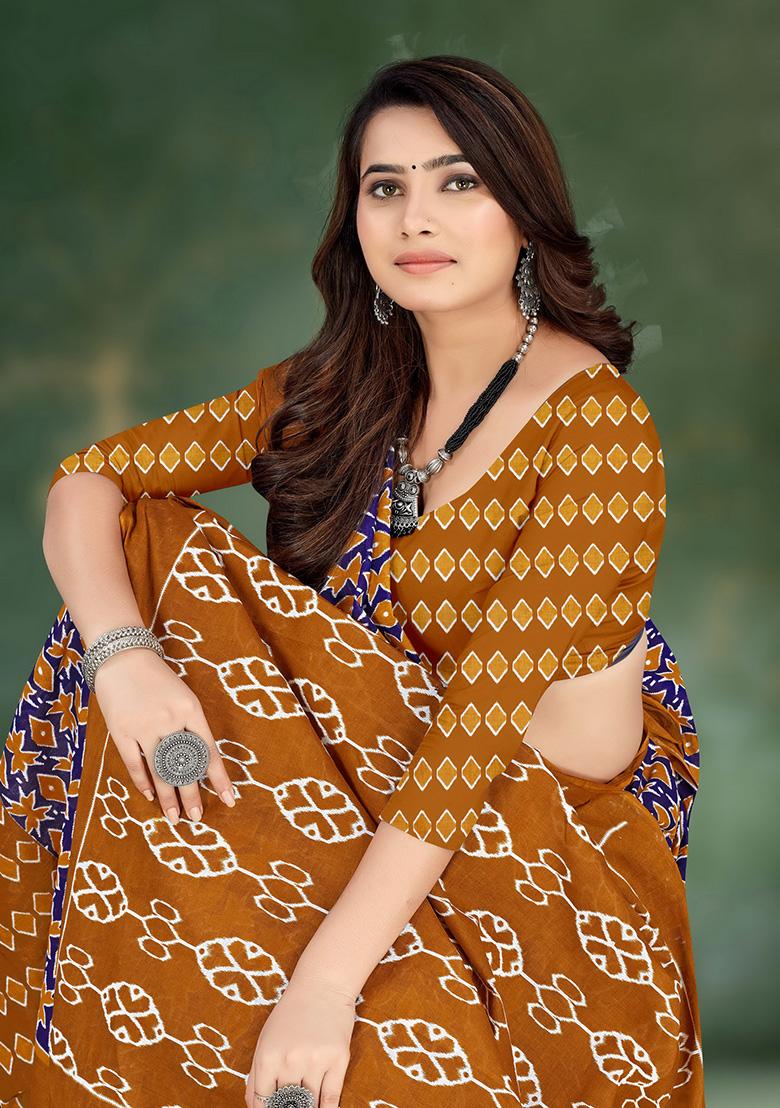 Violet Printed Cotton Saree Set