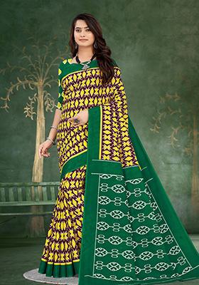 Yellow Printed Cotton Saree Set
