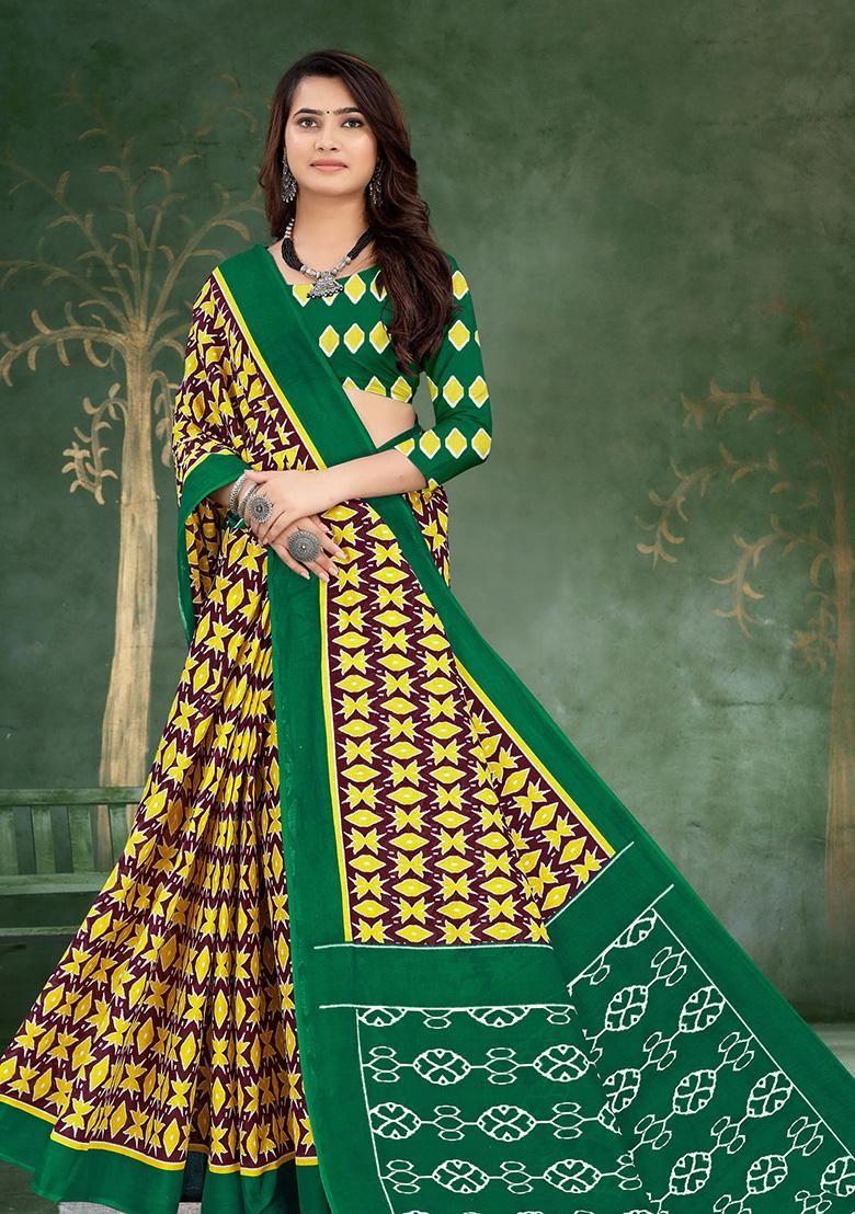 Yellow Printed Cotton Saree Set
