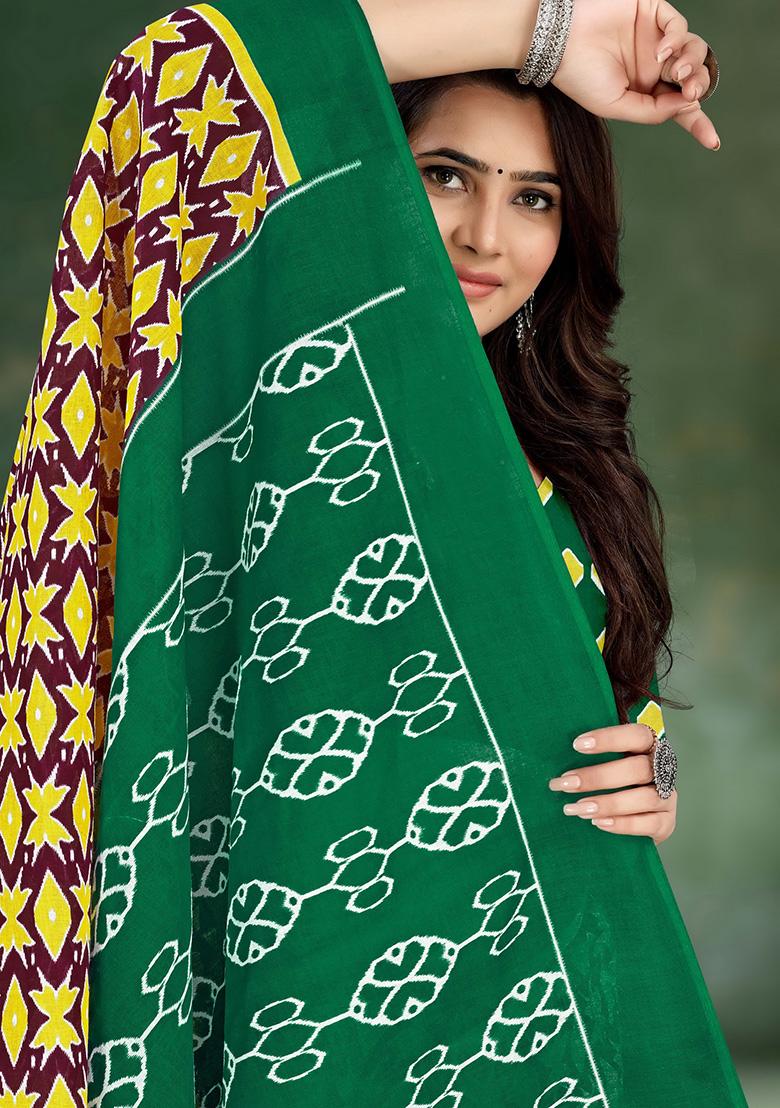 Yellow Printed Cotton Saree Set