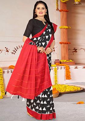 Black Printed Cotton Saree Set