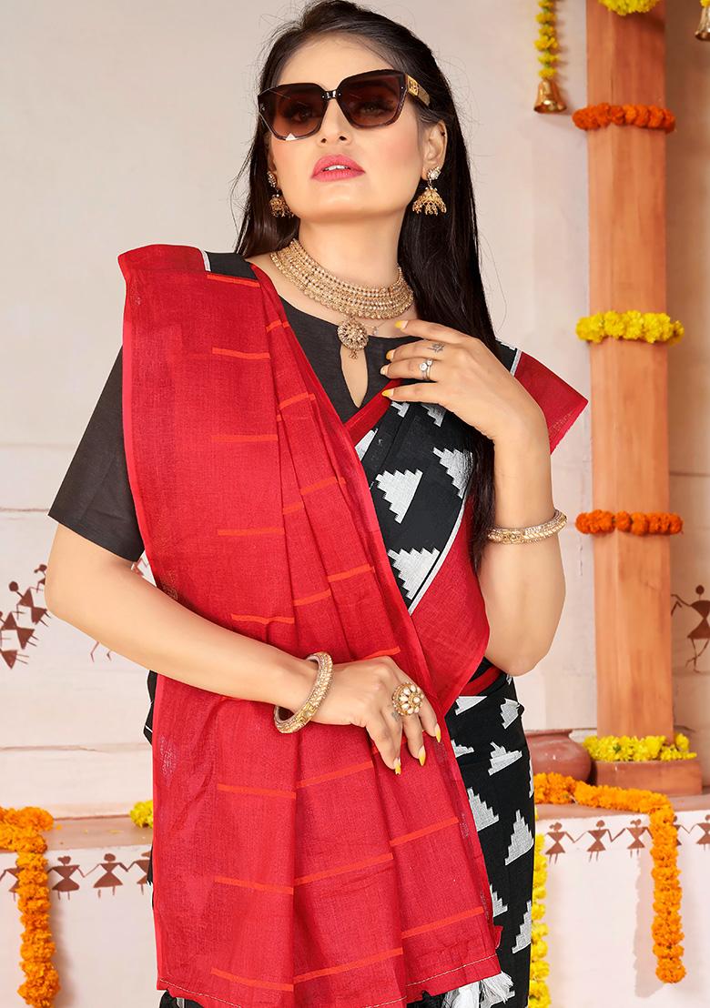 Black Printed Cotton Saree Set