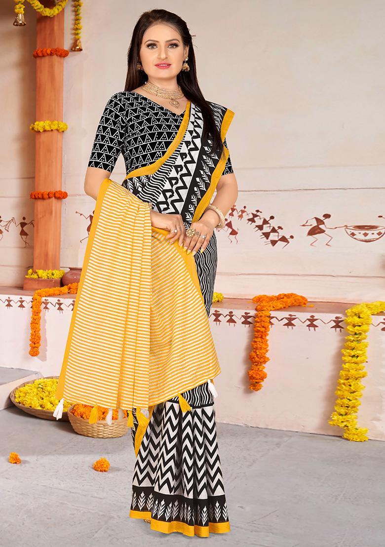 Black Printed Cotton Saree Set