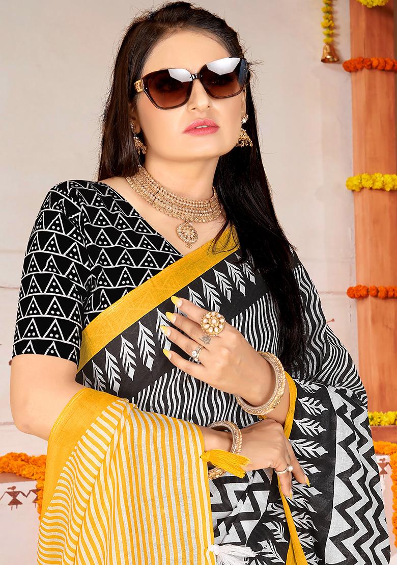 Black Printed Cotton Saree Set