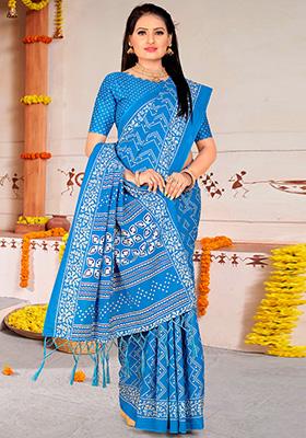 Sky Blue Printed Cotton Saree Set