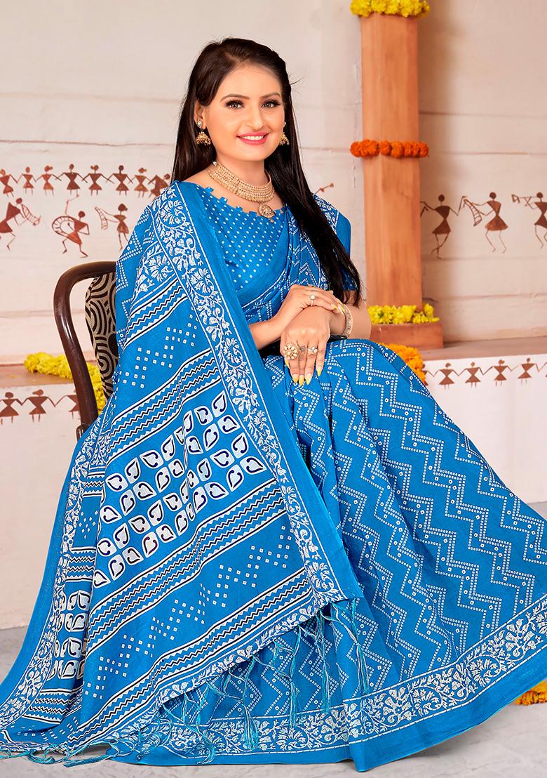 Sky Blue Printed Cotton Saree Set