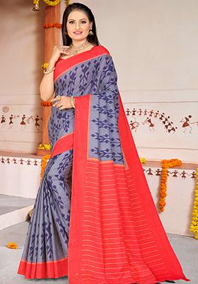 Grey Printed Cotton Saree Set