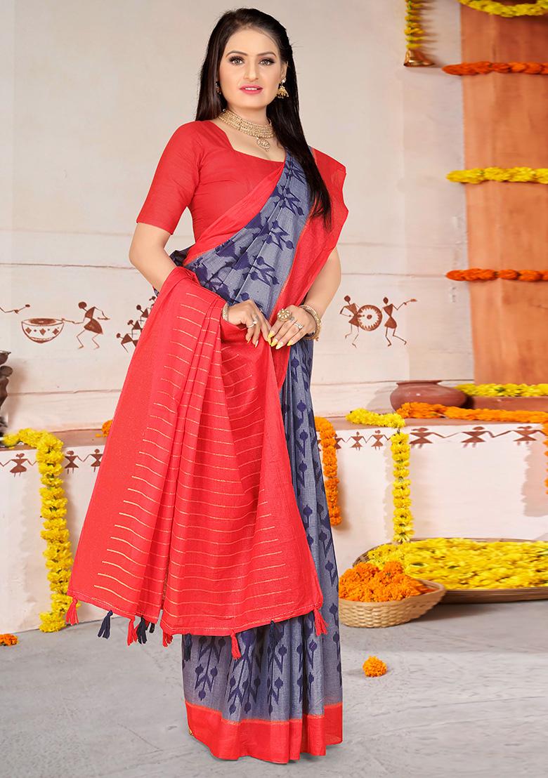 Grey Printed Cotton Saree Set