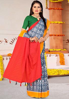 Grey Printed Cotton Saree Set