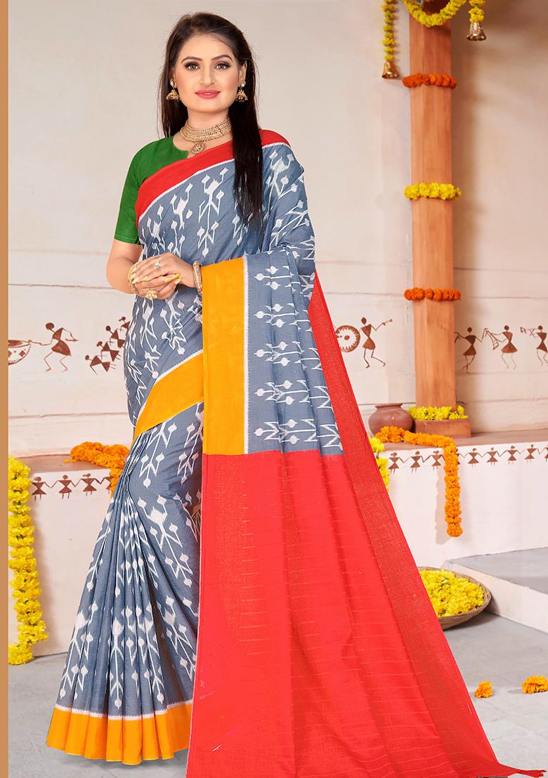 Grey Printed Cotton Saree Set