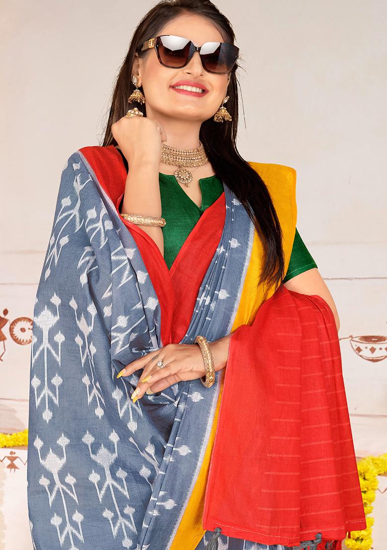 Grey Printed Cotton Saree Set