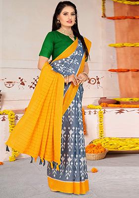 Grey Printed Cotton Saree Set