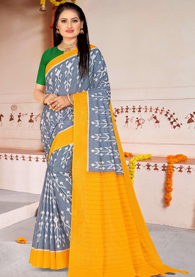 Grey Printed Cotton Saree Set