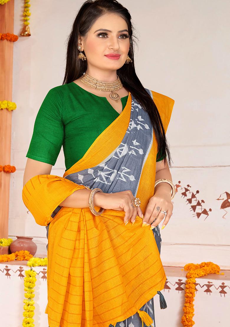 Grey Printed Cotton Saree Set