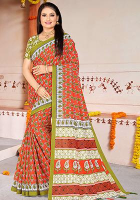 Orange  Printed Cotton Saree Set