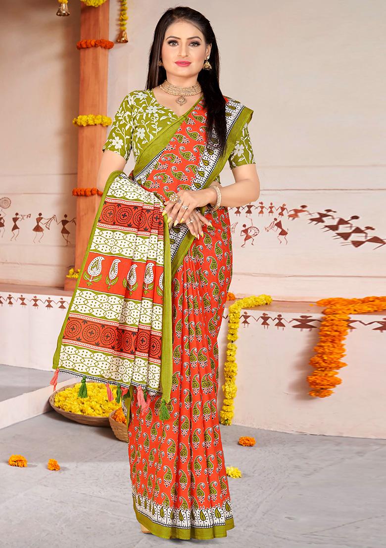 Orange  Printed Cotton Saree Set