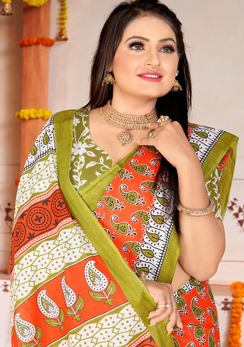 Orange  Printed Cotton Saree Set