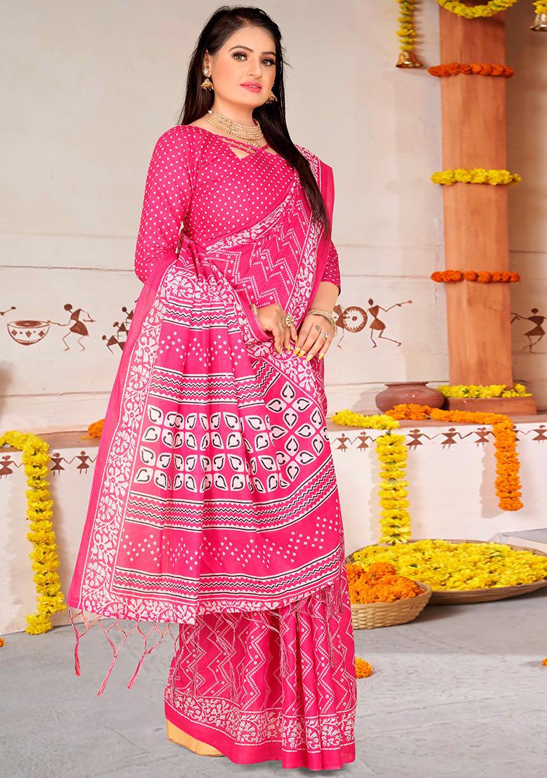 Pink Printed Cotton Saree Set