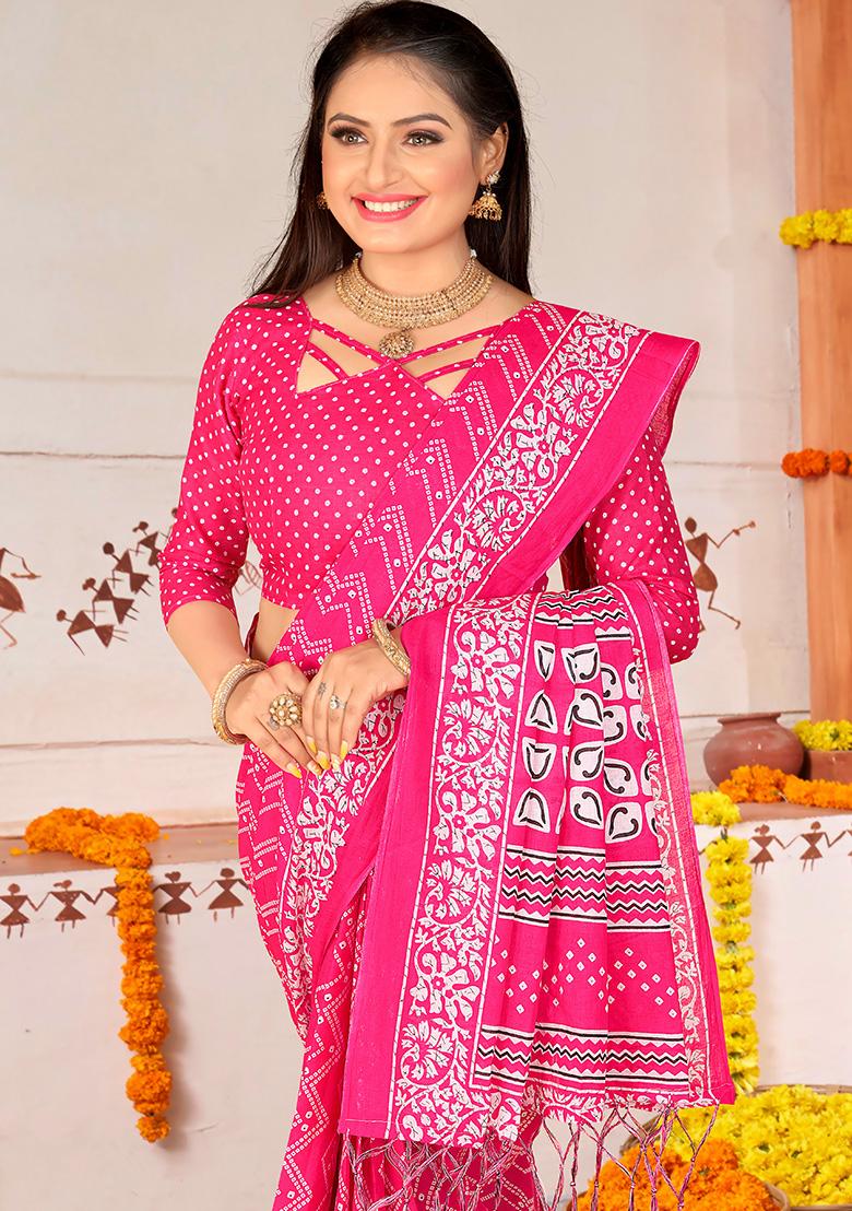 Pink Printed Cotton Saree Set