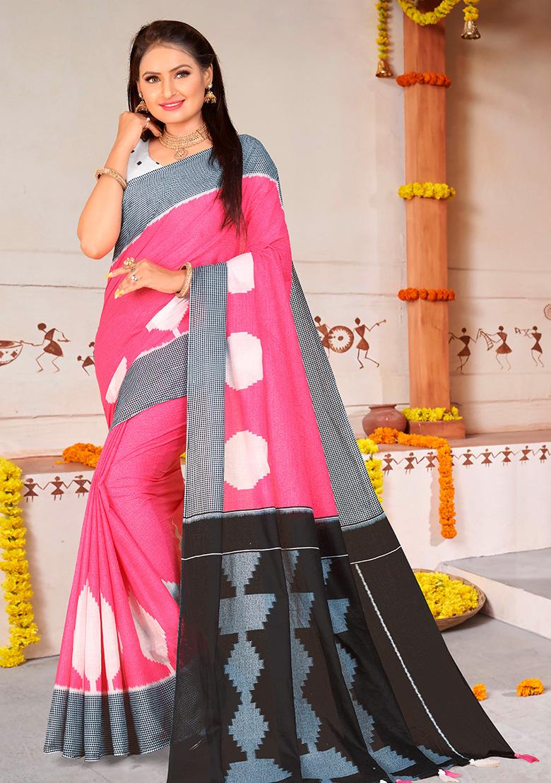 Pink Printed Cotton Saree Set