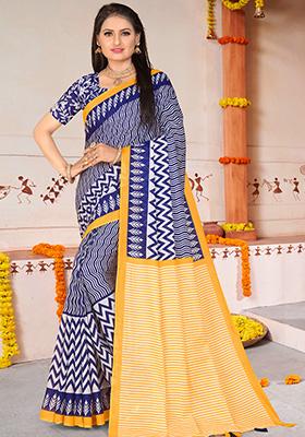 Purple Printed Cotton Saree Set