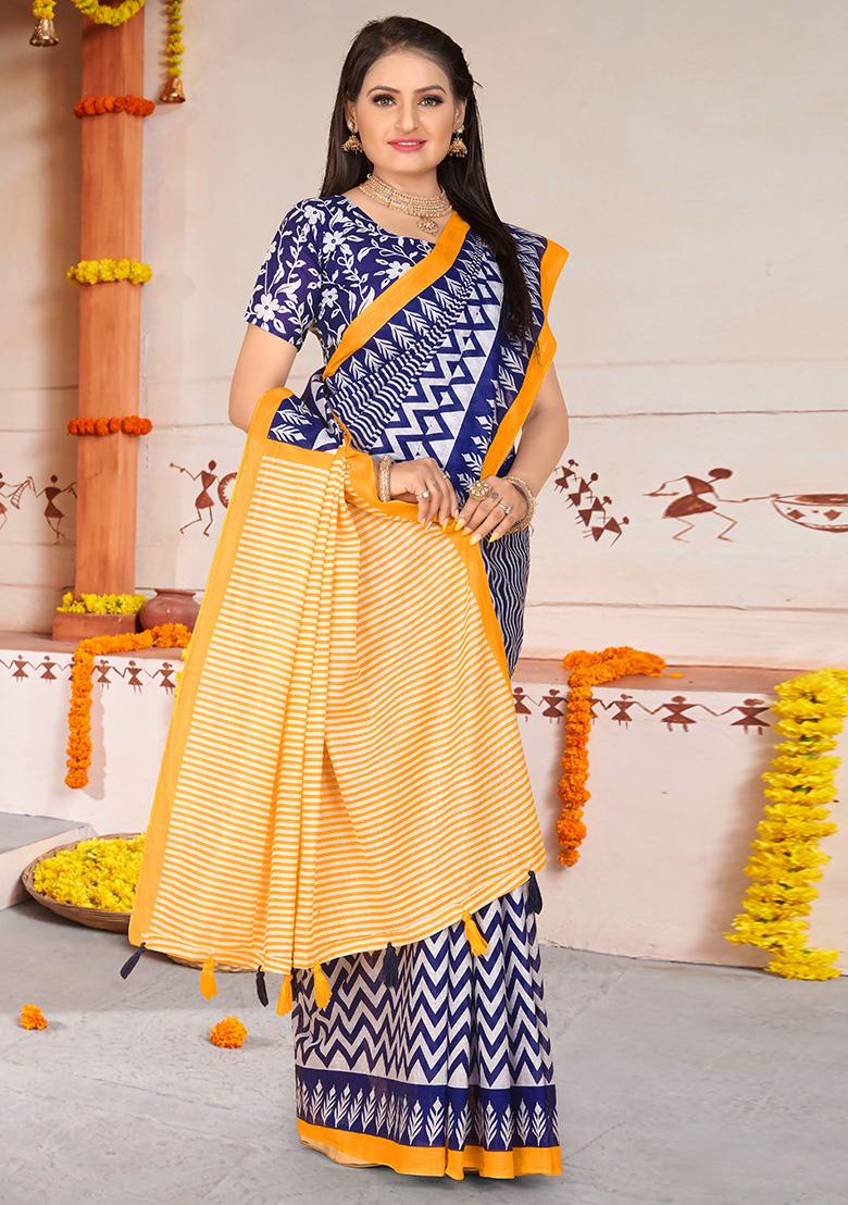 Purple Printed Cotton Saree Set