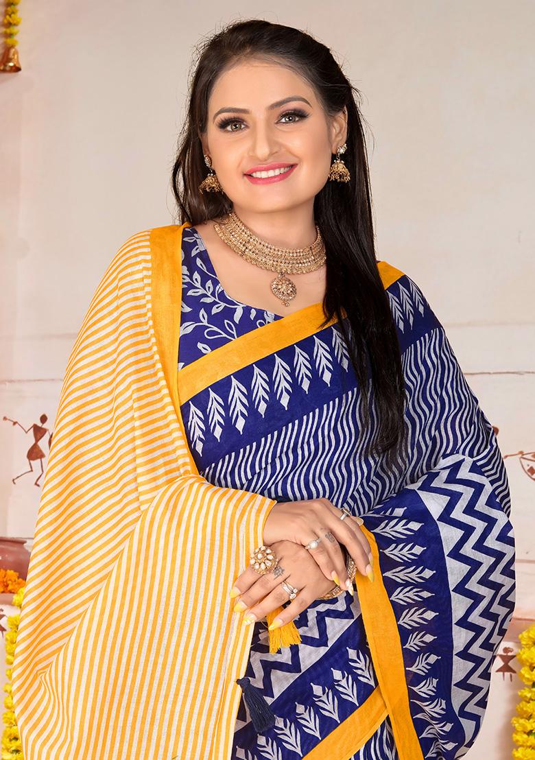 Purple Printed Cotton Saree Set