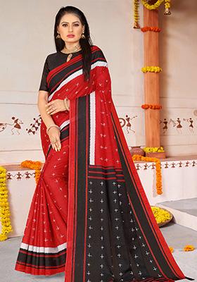 Red Printed Cotton Saree Set