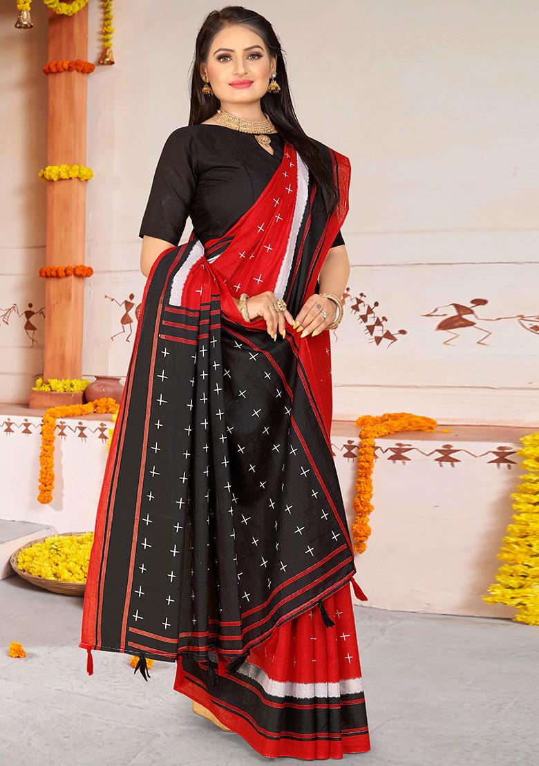 Red Printed Cotton Saree Set