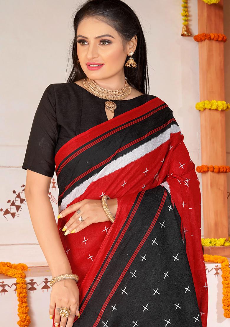 Red Printed Cotton Saree Set
