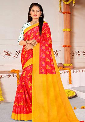Red Printed Cotton Saree Set