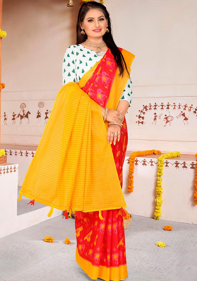 Red Printed Cotton Saree Set