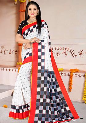 White Printed Cotton Saree Set