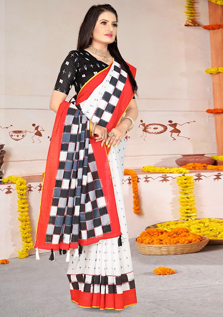 White Printed Cotton Saree Set