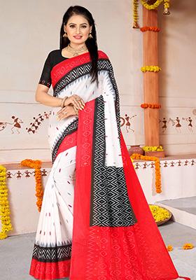White Printed Cotton Saree Set